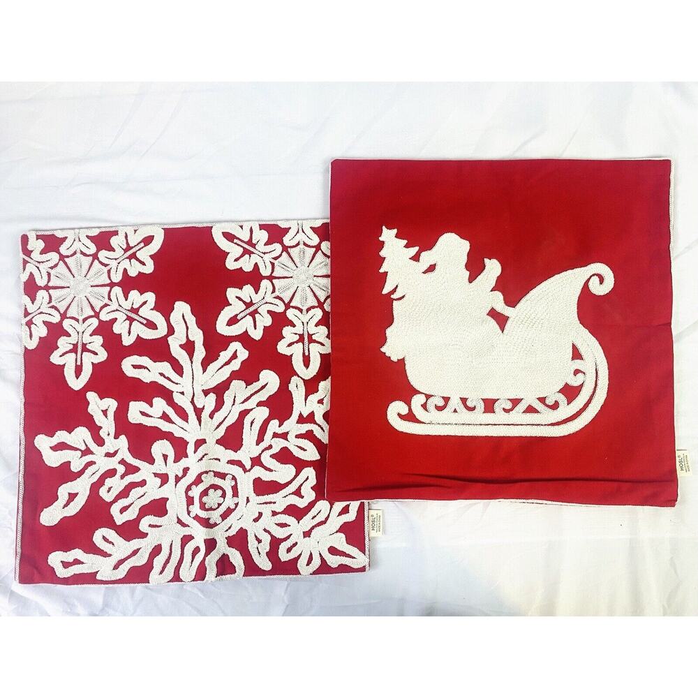 Set of 2 HOSL Red White Christmas Pillow Covers 18X18 Embroidered Zippered EUC
